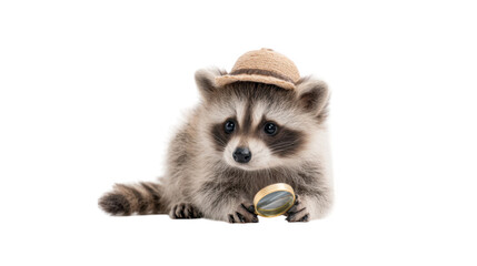 Obraz premium A cute raccoon wearing a straw hat holds a magnifying glass while sitting on a plain background. evoking curiosity and adventure. ideal for children's themes or wildlife education