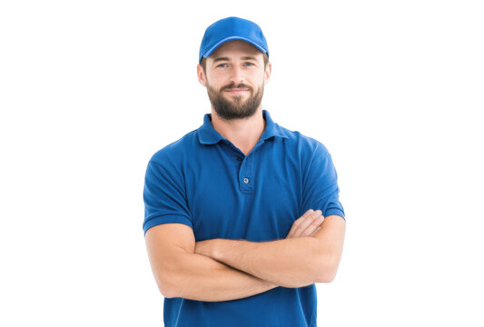 A confident male worker in a blue polo shirt and cap stands with arms crossed against a plain white background. exuding professionalism and approachability for potential service-related use