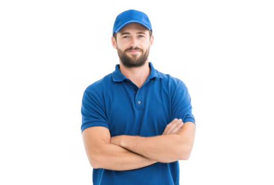 A confident male worker in a blue polo shirt and cap stands with arms crossed against a plain white background. exuding professionalism and approachability for potential service-related use
