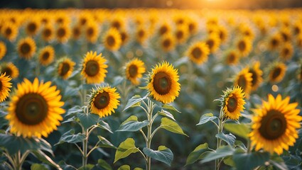 Fototapeta premium Blooming Sunflowers in Field at Sunset with Warm Light Shining Through