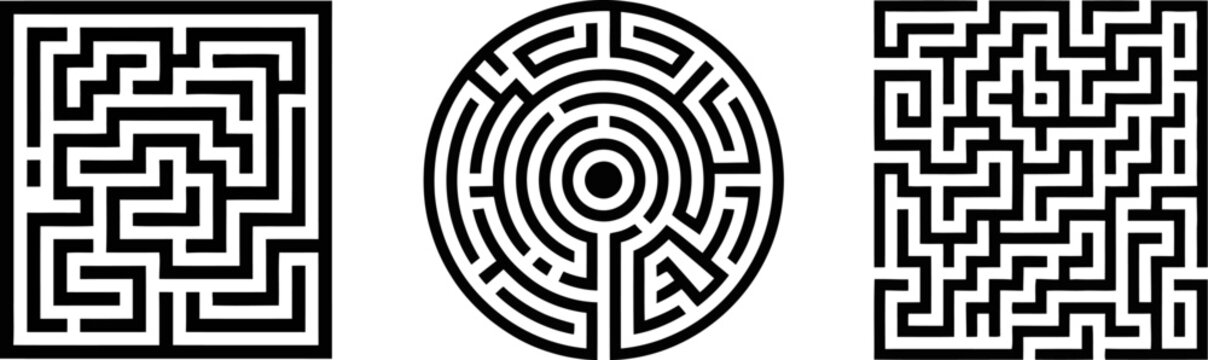 Maze puzzle game labyrinth solution path finding challenge square circle mind bender graphic design art editable stock vector illustration