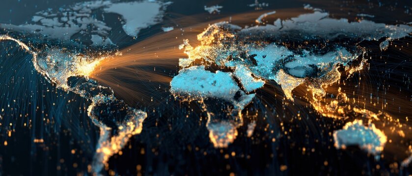 A glowing world map with dynamic shipping lines and data points, real-time e-commerce activity, futuristic network visualization, dark tech background, vibrant UI colors, high-detail cyber map design.