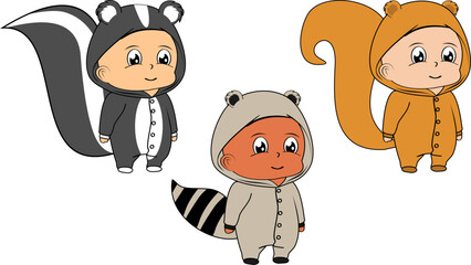 cute children wearing animal pajama cartoon in vector art