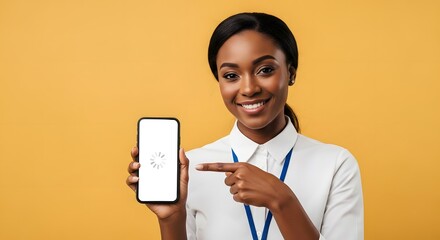 Smiling Woman Pointing at Smartphone Screen  Happy African American Lady Showing Mobile App  Customer Service Representative with Smartphone