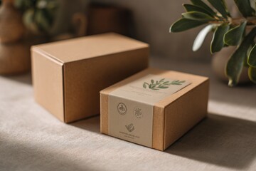 Sustainable cardboard packaging with eco icons, branding sticker, minimalist aesthetic, placed on natural background, soft natural light, e-commerce packaging design, photo-realistic product flat lay.