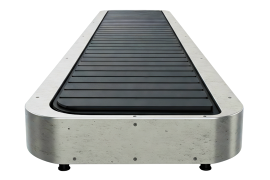 Empty industrial conveyor belt for product transport isolated on a transparent background