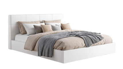 Modern minimalist bedroom featuring a stylish white bed with plush pillows and a cozy blanket. set against a clean. bright background. ideal for home decor inspiration