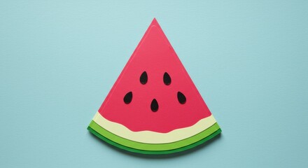Bright and colorful paper crafted watermelon slice with seeds on blue background