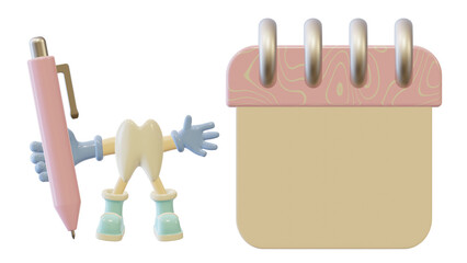 Cartoon character of tooth holding a pen. 3D cartoon tooth holding a pen and stand beside of calendar. Schedule an appointment with dentist.