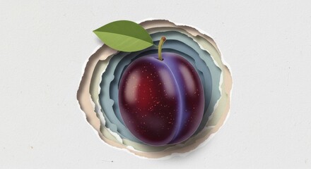 Realistic single plum with green leaf emerging from layered torn paper art design