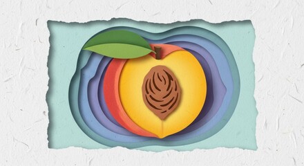 Colorful layered paper cut art of a peach fruit with leaf and seed detail