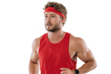 Fit young man wearing a red headband and tank top running in a bright studio setting. showcasing athleticism and determination. with a focus on fitness and health