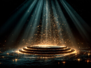 A golden three-tier podium illuminated by radiant golden spotlights from above, with sparkling particles and star-like glimmers