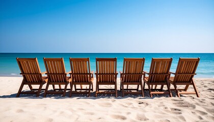 Seven empty wooden beach chairs line a sandy shore facing the ocean under a clear blue sky.