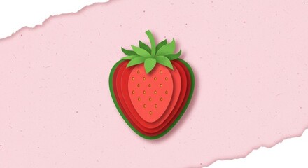 Layered paper art style strawberry illustration on textured pink background