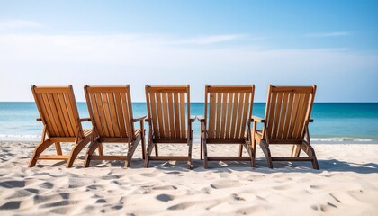Five empty wooden beach chairs face a tranquil ocean, promising relaxation and seaside leisure.