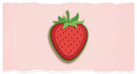 Illustration of a layered paper cut style strawberry on a pastel pink background