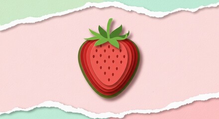 Layered paper cutout art of a strawberry on pastel torn paper background