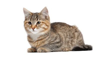 Obraz premium A playful tabby kitten with striking eyes rests on a clean white surface. showcasing its soft fur and curious expression. ideal for pet-themed publications and online content