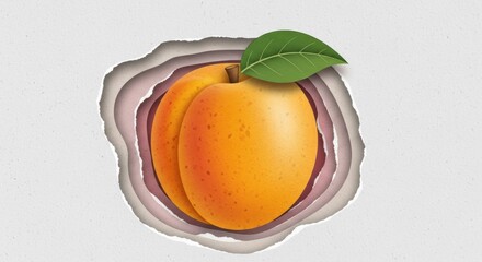 Realistic apricot fruit with leaf emerging from torn paper background in layered design