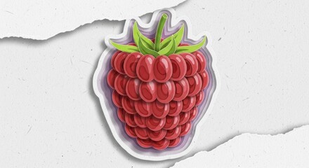 Illustration of a vibrant raspberry sticker on torn paper background showcasing fruit design
