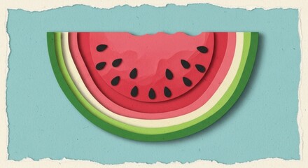 Minimalist layered paper art illustration of a watermelon on a pastel background