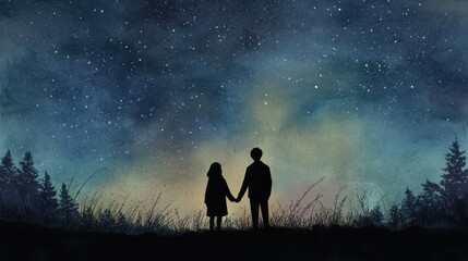 Fototapeta premium Silhouette Couple Holding Hands Under Starry Night Sky