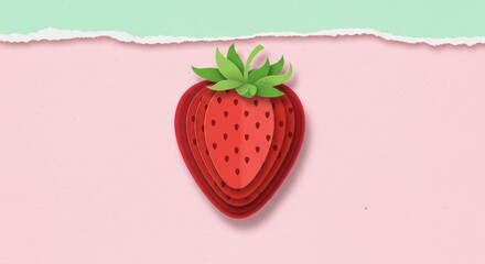 Layered paper art strawberry design with pastel green and pink torn paper background