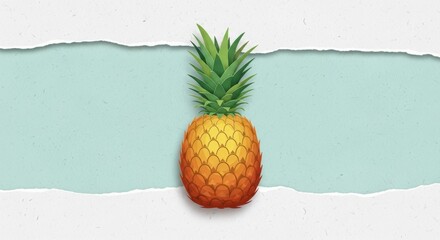 Bright colorful pineapple illustration centered on a torn paper textured background with a blue strip