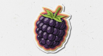 Illustration of a vibrant and detailed blackberry fruit sticker with green leaves on a textured background