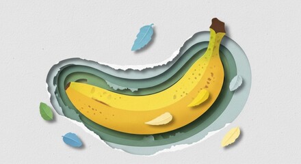 Illustration of a layered paper cut banana with leaves in artistic style