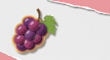 Illustration of vibrant purple grapes with green leaf on torn paper background