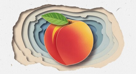 Creative layered paper cutout illustration featuring a vibrant ripe peach with leaf