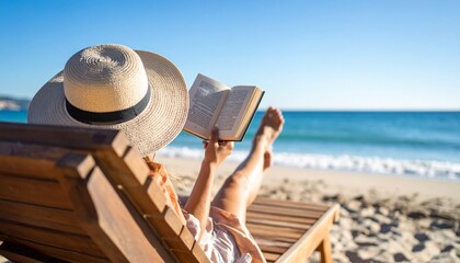 A person relaxes on a beach chair, reading a book by the ocean.