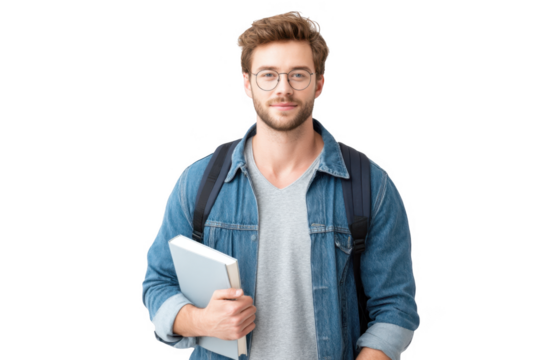 Young man wearing glasses and a denim jacket. holding a notebook. standing confidently against a plain white background. ideal for educational or lifestyle themes