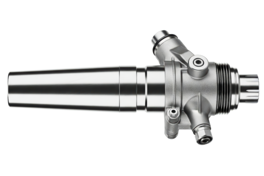Shiny metallic industrial nozzle with complex connections isolated on a transparent background