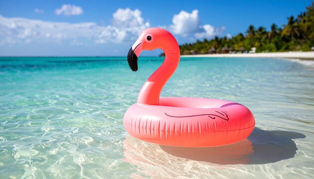 A vibrant pink inflatable flamingo floats serenely in clear, turquoise ocean water near a sandy beach.
