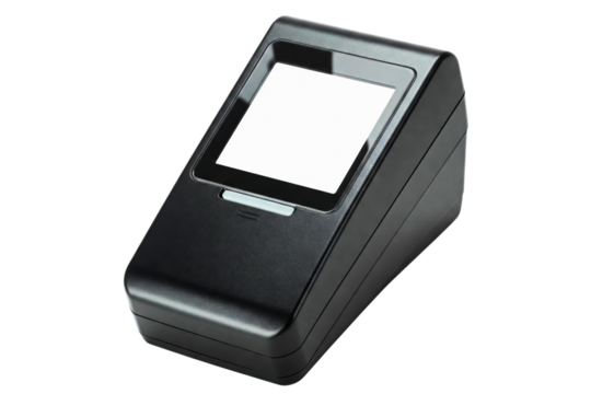 Black electronic device with a blank display screen isolated on a transparent background