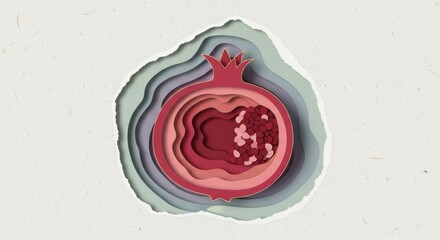Intricate layered paper art illustration of a pomegranate fruit with seeds displayed creatively