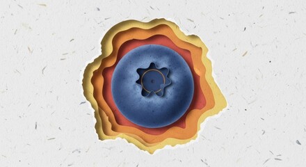 Close up of a single blueberry with layered cut paper artistic background in warm tones