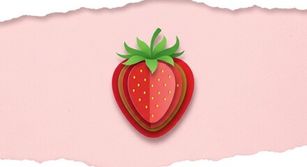 Minimalist layered paper art illustration of a strawberry on a soft pink background