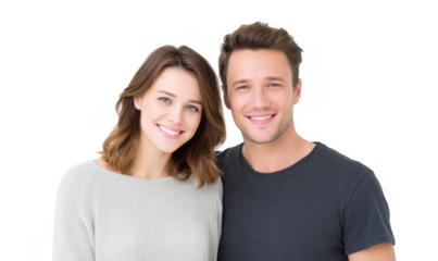 A cheerful young couple smiling warmly at the camera. standing together in a bright. neutral setting. conveying happiness and connection. ideal for relationship-themed content