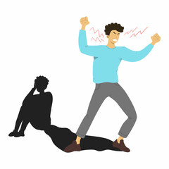 A young man looks angry with a shadow of sadness behind him. Bipolar disorder concept.