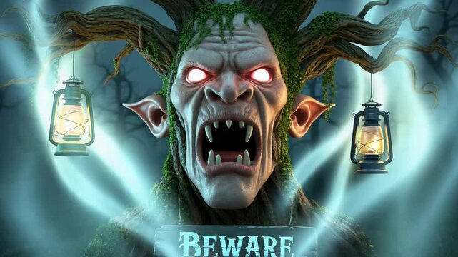 Monster Screaming in Dark Forest with Lanterns Warning Sign