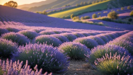 Obraz premium Lavender Field at Sunset Aromatic Purple Landscape Rolling Hills Farming