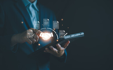Naklejka na ściany i meble Businessman manage digital procurement process with business contract, invoice, approval documents, representing B2B sourcing, vendor management, supply chain, e-procurement.