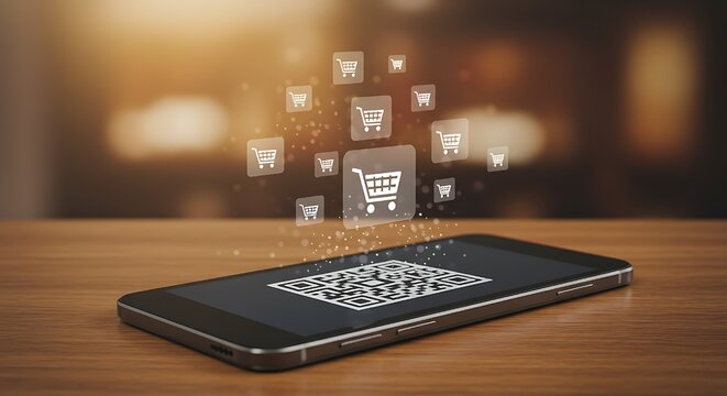Modern Smartphone with QR Code and Glowing Shopping Cart Icons – Digital Commerce Concept. 