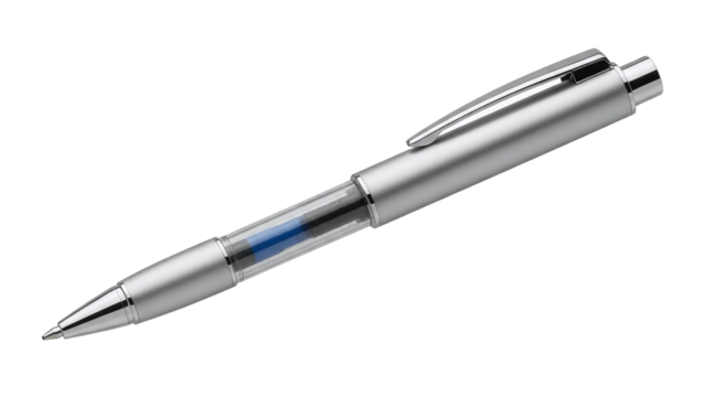 A close-up shot of a silver and blue ballpoint pen isolated on a white background.