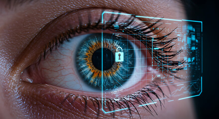 Digital Eye Scan: A captivating close-up of an eye, augmented with a digital interface that highlights futuristic security and data encryption concepts. This photo blends science fiction with reality.