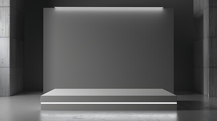 Obraz premium A minimalist gray podium with illuminated accents stands against a concrete wall creating a modern and clean presentation space